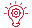 A red icon of a lightbulb illuminated with a gear inside