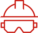 Red icon of hard hat and safety glasses