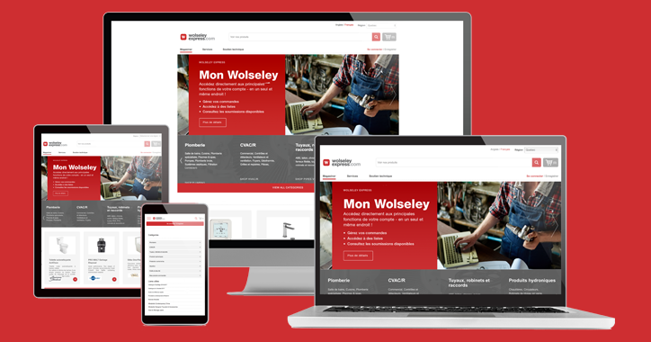 Le site Web de Wolseley Express sur un ordinateur de bureau, un ordinateur portable, une tablette et un téléphone intelligent.